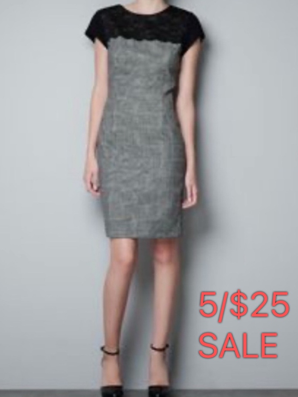 Zara Short Sleeve Midi Sheath Dress Plaid Lace Black Gray Size XS 5/$25 Sale